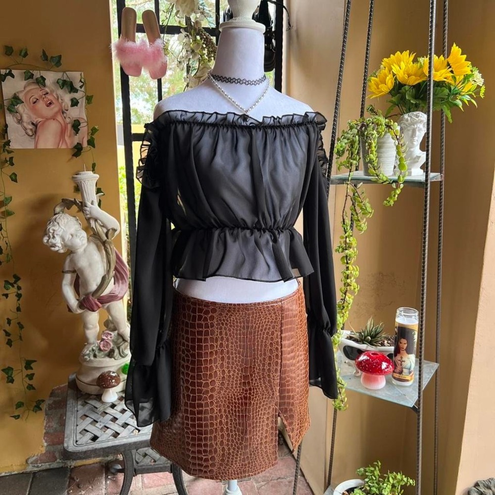 brown crocodile straight mini skirt